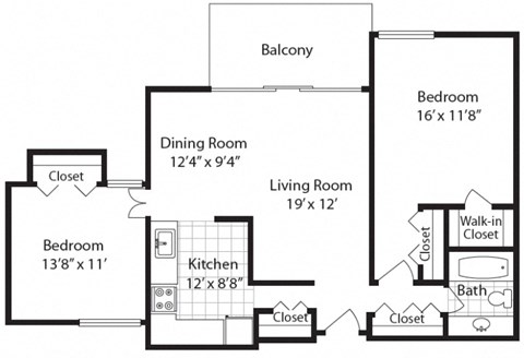 Floor plan for 2 beds, 1 bath, 1079 sqft